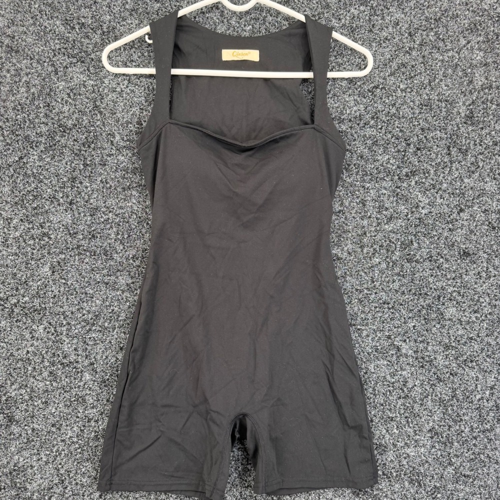 Qinsen Black Active Romper Square Neck Built-in Bra Workout Bodysuit Shorty S